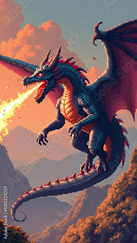 Large pixelated dragon in mid-flight breathing a stream of fire with detailed wings and scales