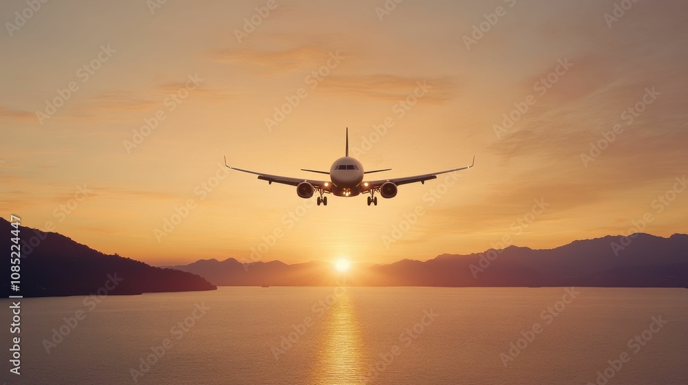 A plane is flying over a body of water at sunset A plane is flying over a body of water at sunset