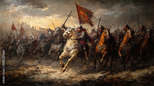 A painting of a group of men riding horses with a flag in the air