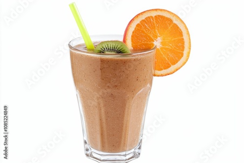 Refreshing smoothie: orange, kiwi, straw.