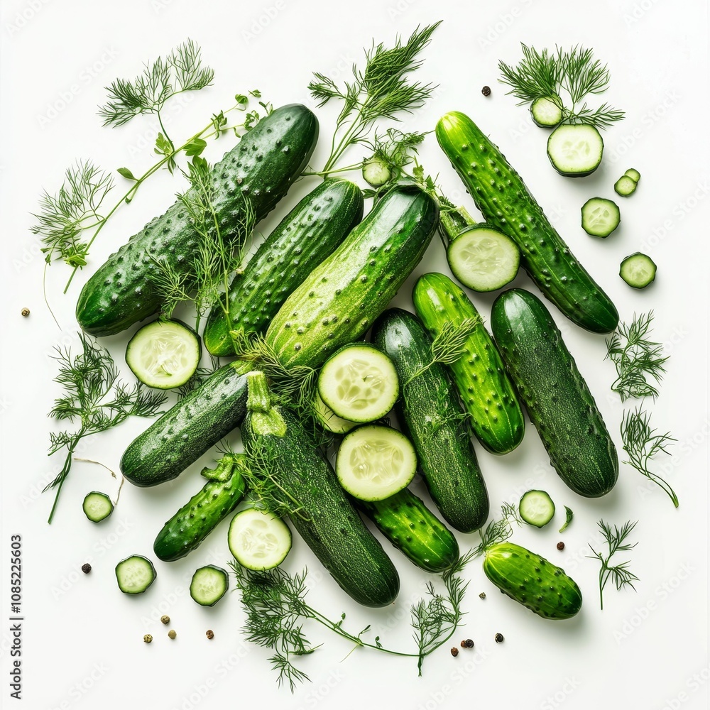 Fresh cucumbers, dill, peppercorns. Fresh cucumbers, dill, peppercorns.