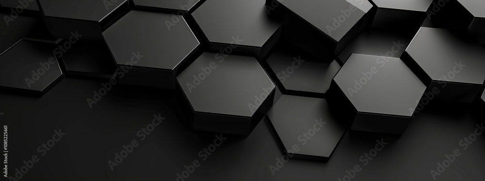 Intersecting hexagons on a black background, minimalist design banner template with white space for text. Suitable for tech-oriented and modern presentations, websites, and digital designs. Intersecting hexagons on a black background, minimalist design banner template with white space for text. Suitable for tech-oriented and modern presentations, websites, and digital designs.