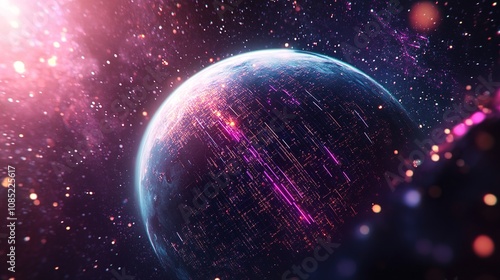 Vibrant Cosmic Scene Featuring a Futuristic Planet Surrounded by Colorful Galactic Elements and Bright Celestial Light in Deep Space