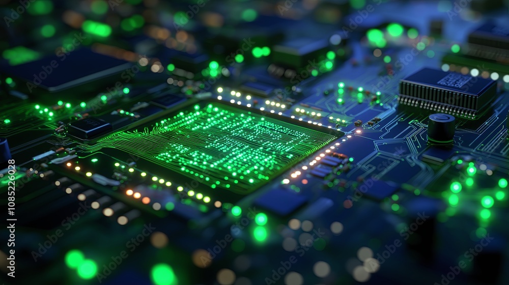 Fototapeta premium Digital Circuit Board in Glowing Green and Blue