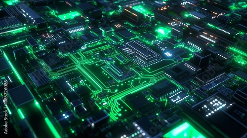 Digital Circuit Board in Glowing Green and Blue