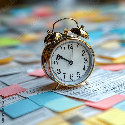 A vintage alarm clock sits on a colorful arrangement of sticky notes and papers, symbolizing time management and productivity. photo