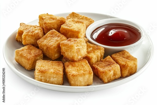 Fried tofu cubes, dipping sauce, white plate.