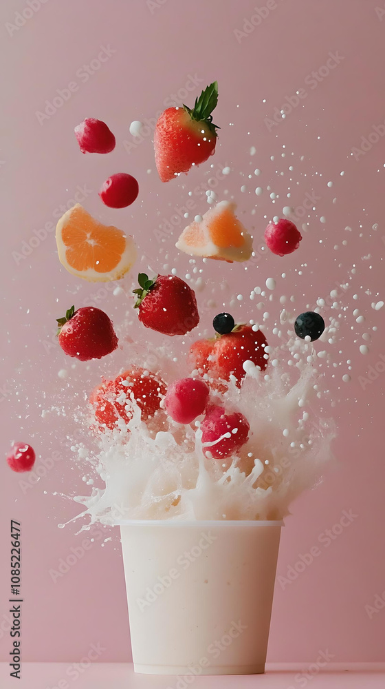 Splashing fruit with milk in a pink cup
Splashing fruit with milk in a pink cup