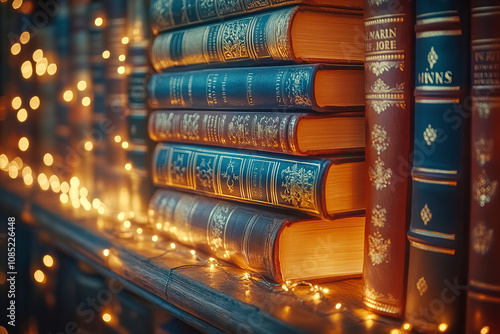 Vintage bookshelf with festive string lights creating warm ambiance photo