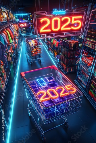 2025 New Year glowing digital shopping cart scene