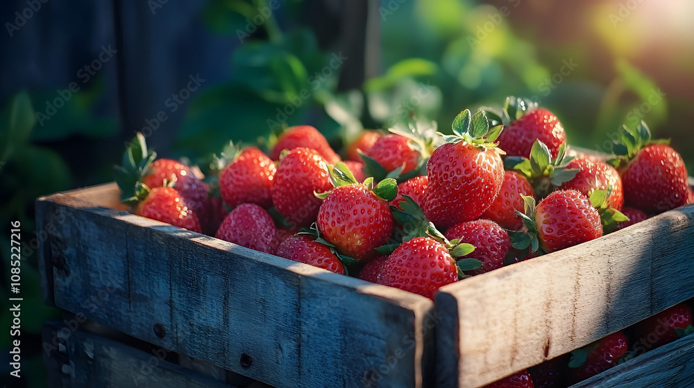 Freshly Picked Strawberries in Wooden Crate Freshly Picked Strawberries in Wooden Crate