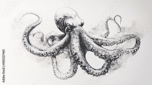 a drawing of an octopus in black and white. Tattoo idea for a ocean theme.
 photo