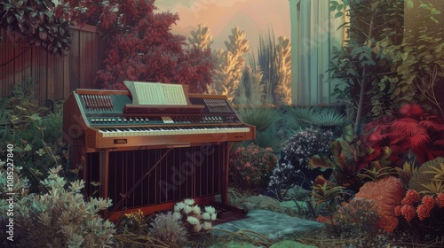 Wallpaper Mural A vintage organ rests serenely amidst a vibrant overgrown garden Torontodigital.ca