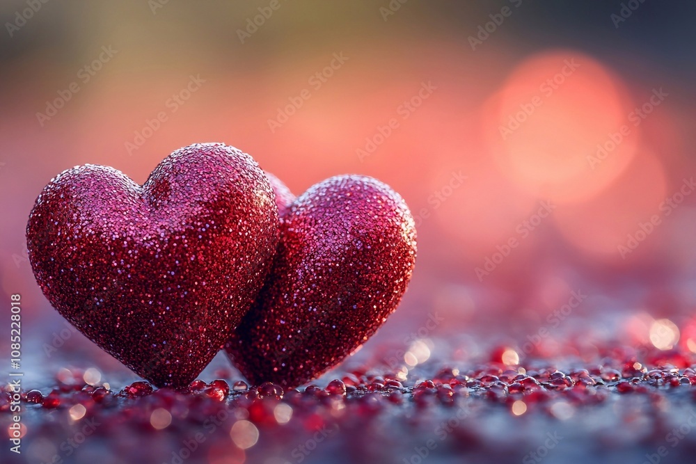 Fototapeta premium Background for Valentine's Day, sequins and red shiny hearts create a festive atmosphere. Bright and shiny elements add romance.