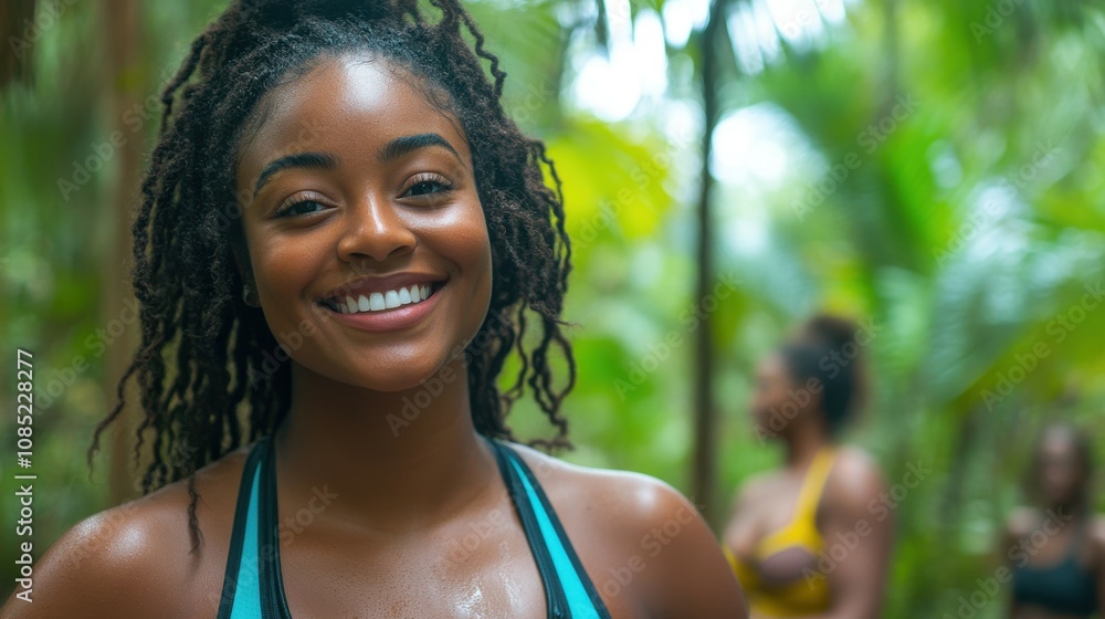 A woman with long hair is smiling and wearing a blue tank top A woman with long hair is smiling and wearing a blue tank top