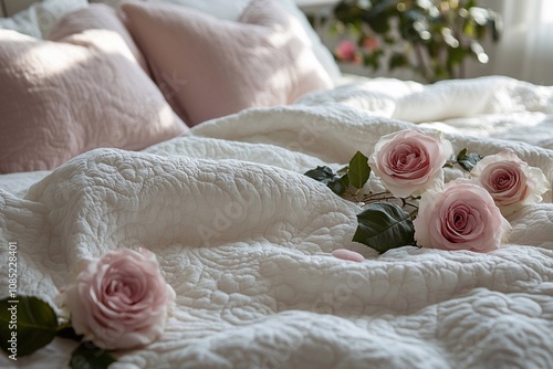 cream roses gently lie on a light background, delicate petals create a soft, elegant contrast. The delicate color of roses adds a sense of peace and beauty to the composition, photo