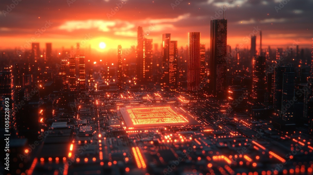 Fototapeta premium Futuristic Cityscape at Sunset.