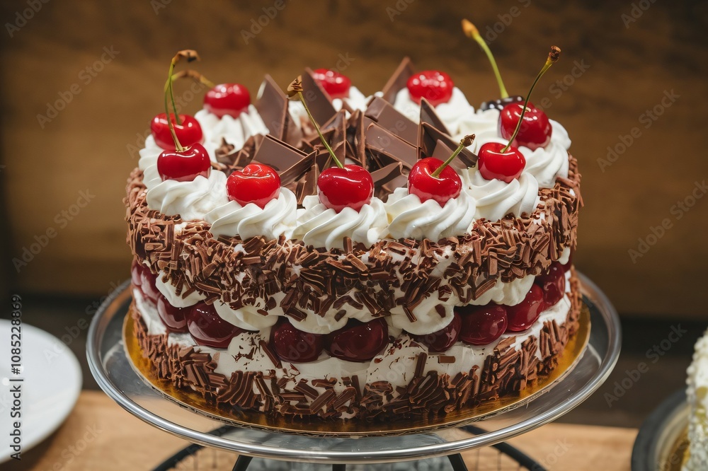 Delicious Black Forest Cake with Whipped Cream, Cherries, and Chocolate Shavings on a Cake Stand Delicious Black Forest Cake with Whipped Cream, Cherries, and Chocolate Shavings on a Cake Stand