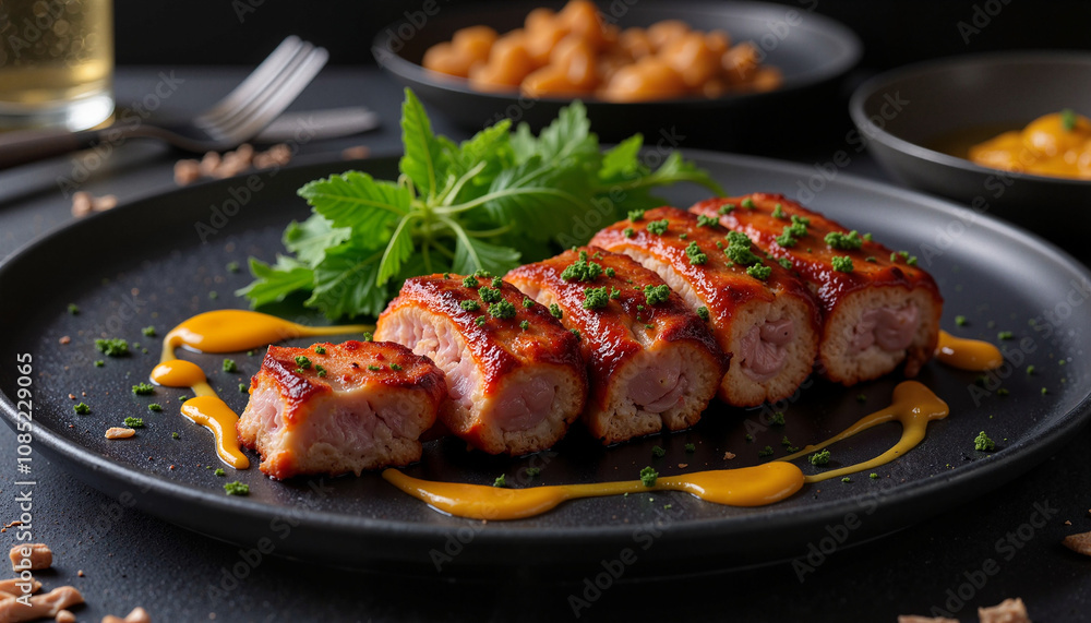 Bacon-wrapped sausage slices with sauce and herbs, gourmet plating Bacon-wrapped sausage slices with sauce and herbs, gourmet plating