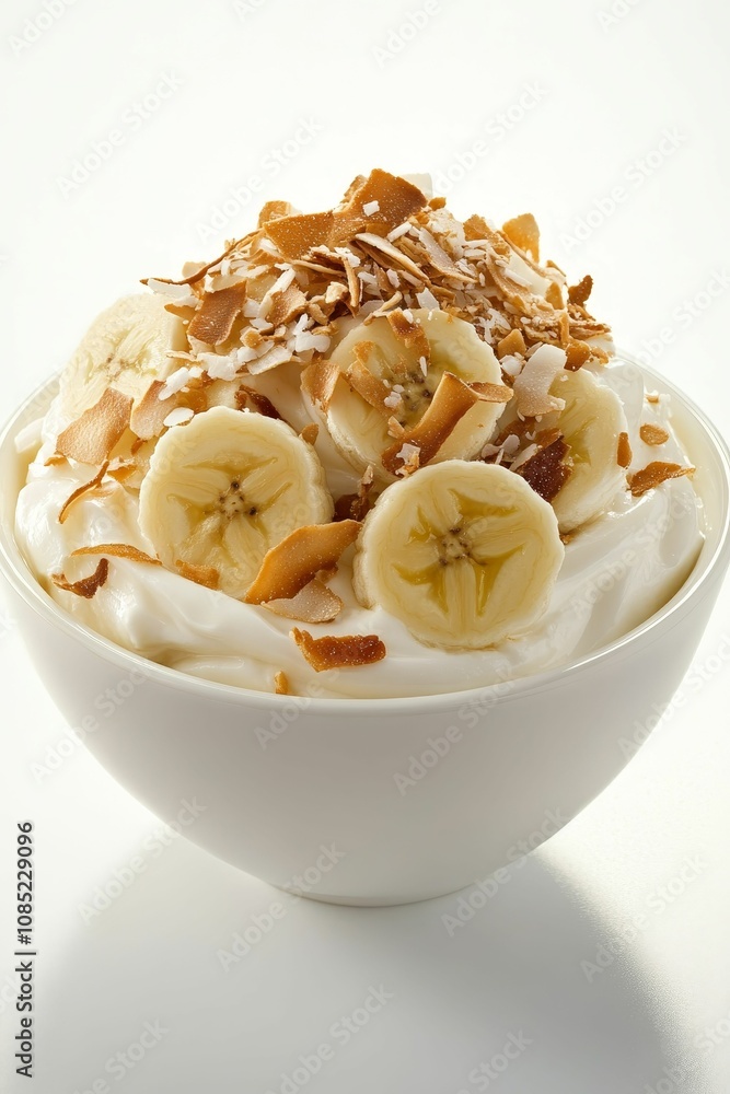 Banana, yogurt, coconut flakes in white bowl. Banana, yogurt, coconut flakes in white bowl.