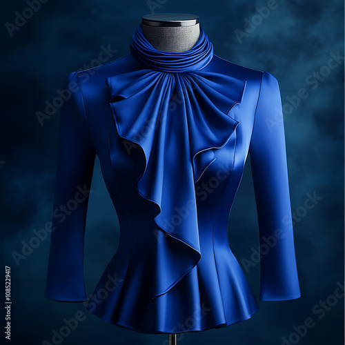 Luxurious cobalt blue blouse with elegant ruffles and stylish collar. Perfect for formal occasions or upscale events, showcasing sophisticated fashion design photo