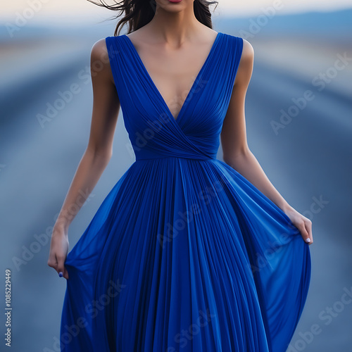 stunning woman in luxury cobalt blue dress stands confidently on road, showcasing elegant pleats and flowing fabric of her attire. dress exudes sophistication and grace