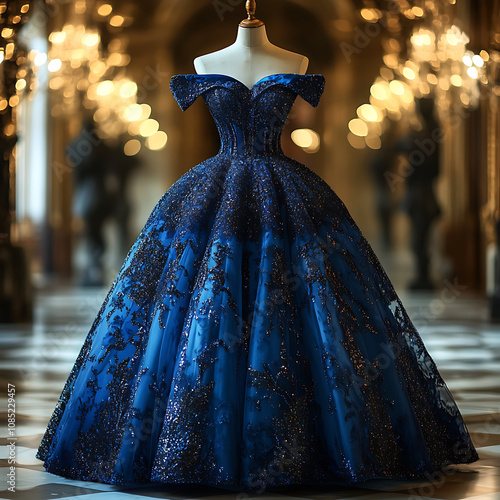 stunning cobalt blue dress adorned with intricate embellishments, perfect for formal occasions. elegant design features off shoulder sleeves and voluminous skirt, creating luxurious look photo