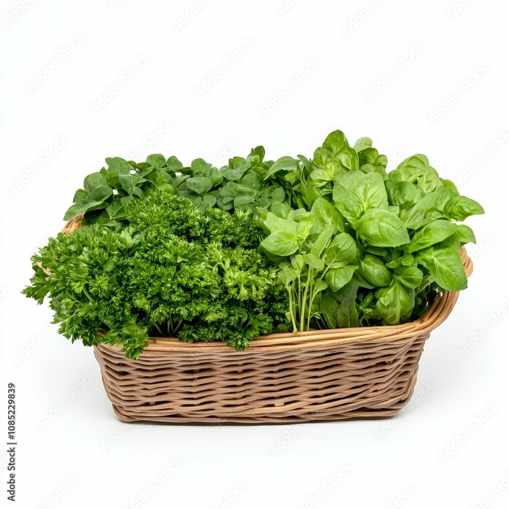 Green herbs in a woven basket. Green herbs in a woven basket.