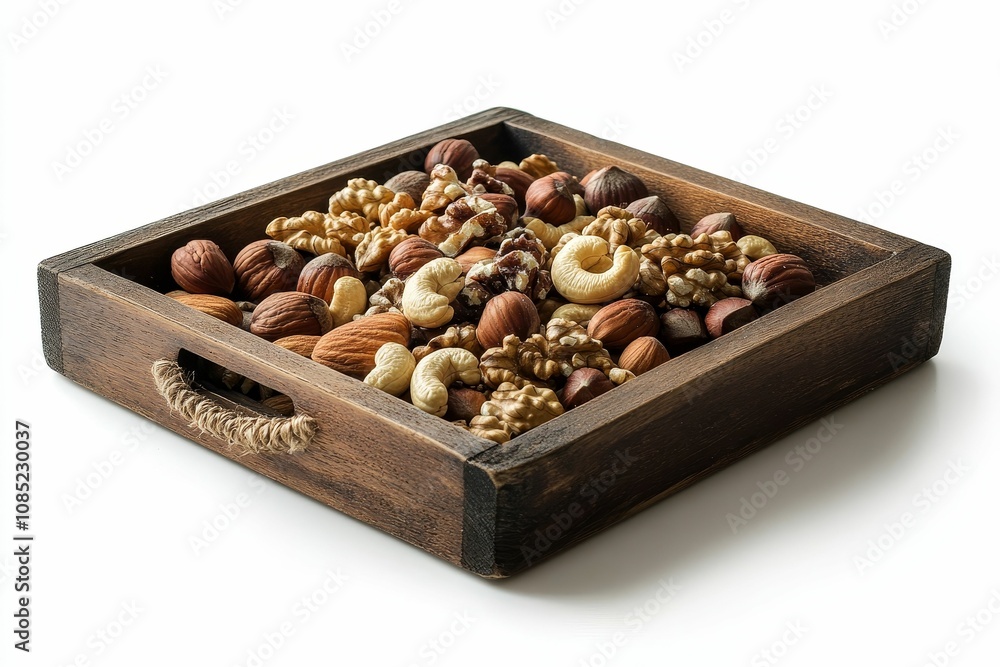 Wooden tray filled with mixed nuts. Wooden tray filled with mixed nuts.