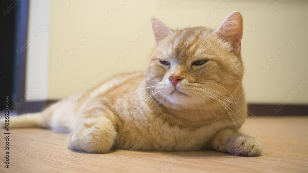 relaxed orange tabby Scottish metis cat resting on a wooden floor with a warm, soft glow
relaxed orange tabby Scottish metis cat resting on a wooden floor with a warm, soft glow