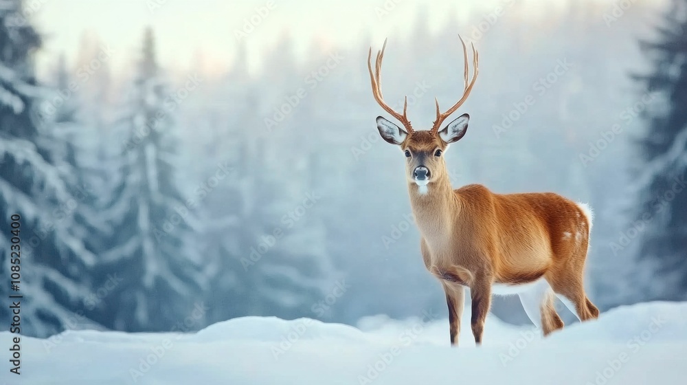 A deer stands in the snow with its antlers raised A deer stands in the snow with its antlers raised