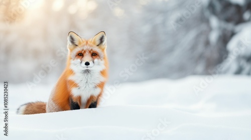 A fox is sitting in the snow, looking at the camera photo