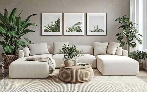 Modern living room with plants, art, and cozy furniture.