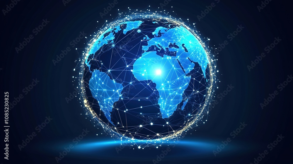 A Digital Globe Illustration Depicting Connected Continents with Bright Blue Lines Against a Dark Background, Representing Global Communication and Network Technology A Digital Globe Illustration Depicting Connected Continents with Bright Blue Lines Against a Dark Background, Representing Global Communication and Network Technology
