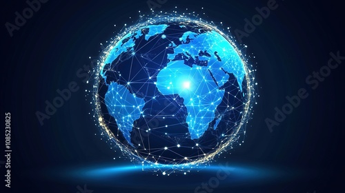 A Digital Globe Illustration Depicting Connected Continents with Bright Blue Lines Against a Dark Background, Representing Global Communication and Network Technology