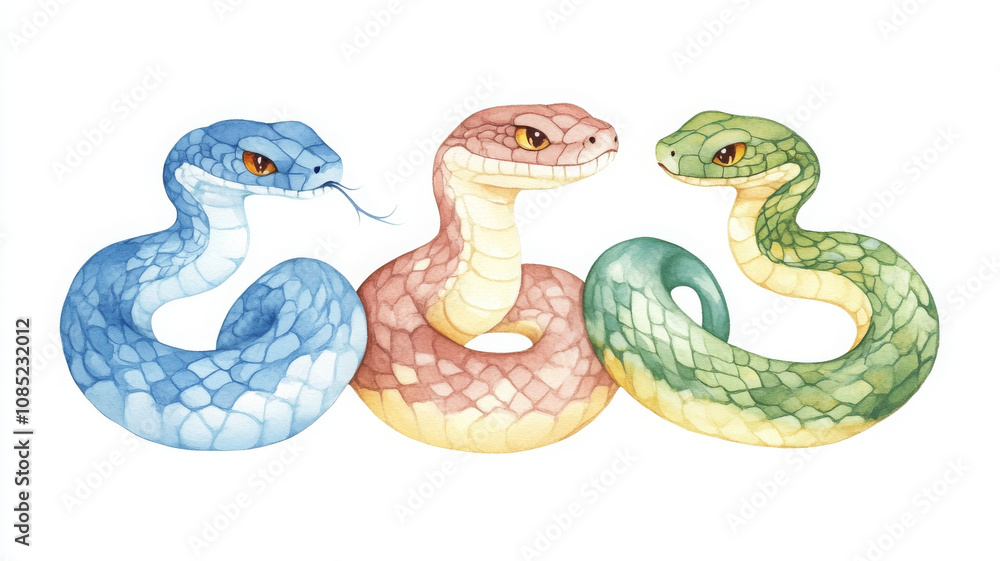 Naklejka premium Colorful watercolor illustration of three snakes blue, pink, and green. Each snake has distinct patterns and expressive eyes, showcasing their unique characteristics and beauty