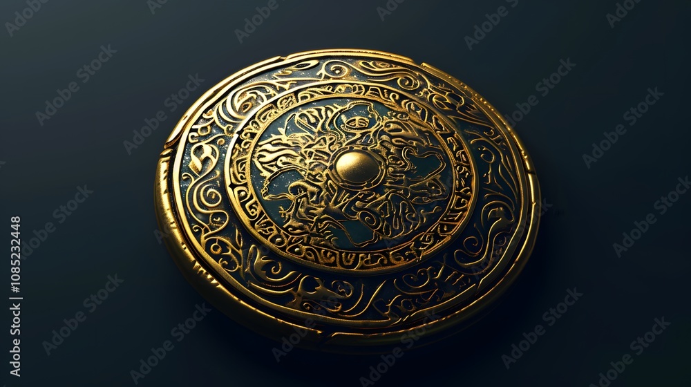 Ornate ancient coin with golden engravings and symbolic details on a dark surface Ornate ancient coin with golden engravings and symbolic details on a dark surface