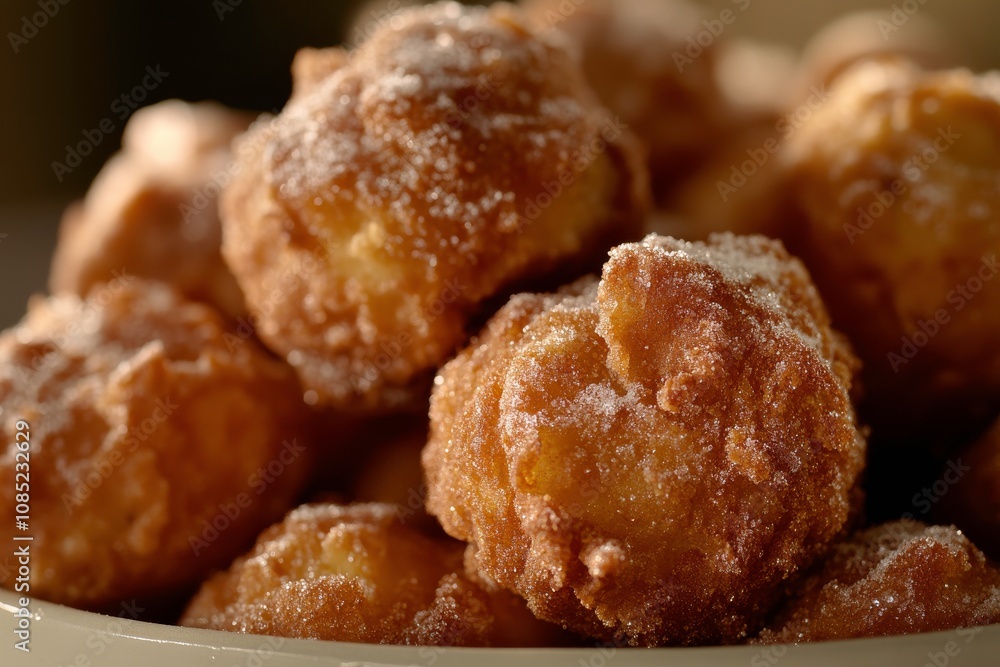 A close-up of sugar-dusted fried dough balls. A close-up of sugar-dusted fried dough balls.