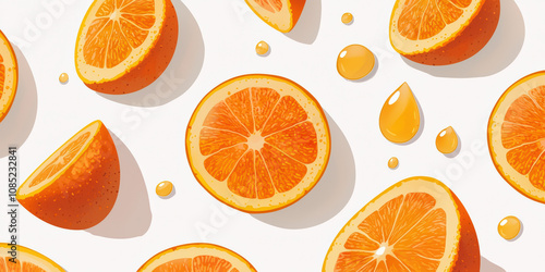 Bright orange slices and juice droplets create a vibrant, fresh pattern against a white background, showcasing the juicy appeal of oranges.