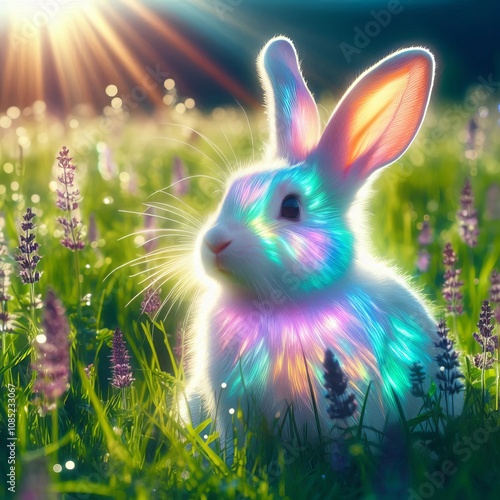 Radiant Rabbit A rabbit in a meadow its fur glowing with iridesc photo