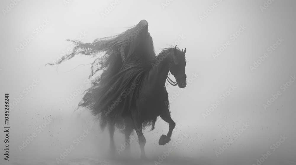 Epic Journey of a Lone Hero: Dark Fantasy 3D Render of Figure on Horseback in Desolate Landscape with Ultra-Detailed Features Epic Journey of a Lone Hero: Dark Fantasy 3D Render of Figure on Horseback in Desolate Landscape with Ultra-Detailed Features