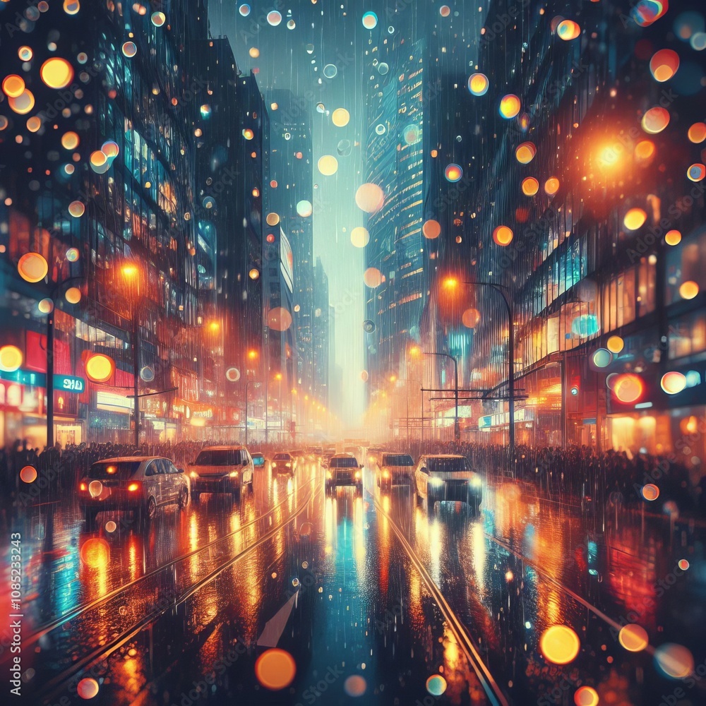 Rainy city night op art blurred raindrops city lights ; Rainy city night op art blurred raindrops city lights ;