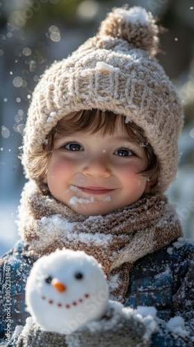 A young boy wearing a snowman hat.