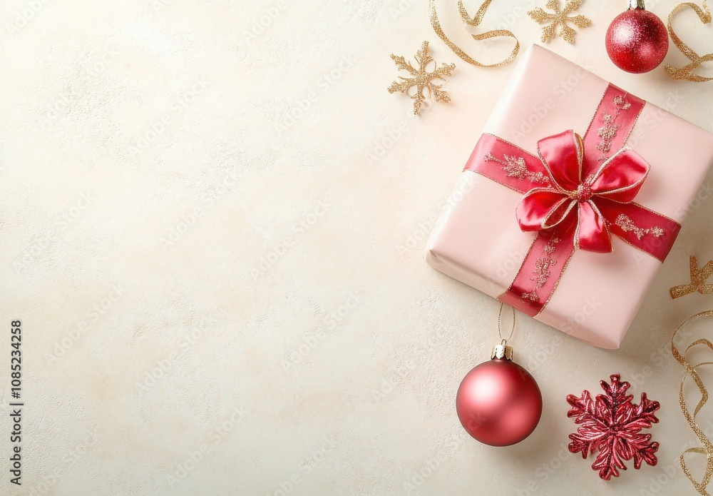 Pink gift box with Christmas decorations on white background Pink gift box with Christmas decorations on white background