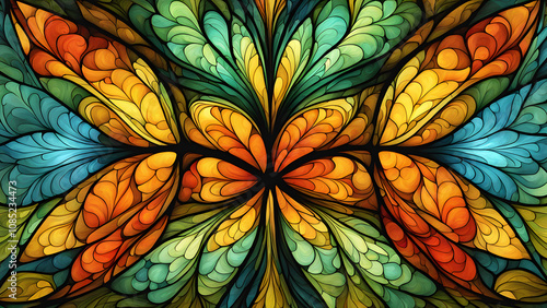 A colorful, abstract painting of a flower with many different colors