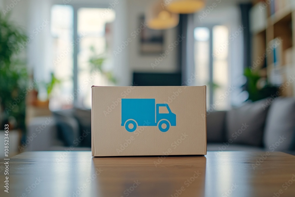 A cardboard box with a truck icon is placed on the floor, surrounded by other moving boxes in soft focus. This image represents delivery, A cardboard box with a truck icon is placed on the floor, surrounded by other moving boxes in soft focus. This image represents delivery,