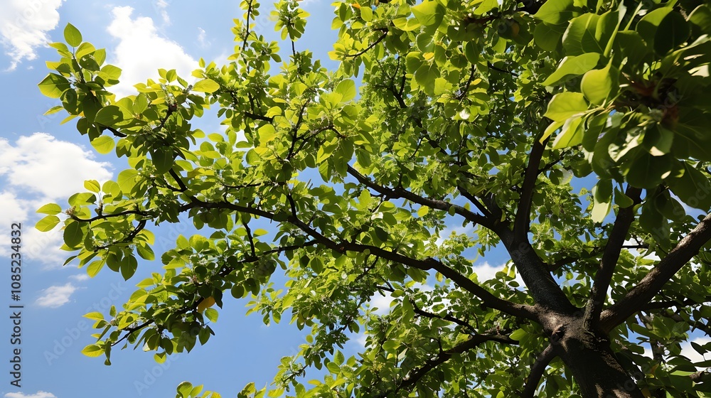 Majestic tree with sprawling branches against a bright blue sky and fluffy clouds Majestic tree with sprawling branches against a bright blue sky and fluffy clouds