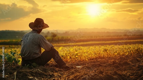 Farmer Contemplating the Sunset over His Field