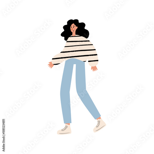Cute vector illustration of woman, diverse character in everyday urban scenes. People walking dogs, using wheelchair, pushing stroller. Couples, families, individuals of various ages and ethnicities.
