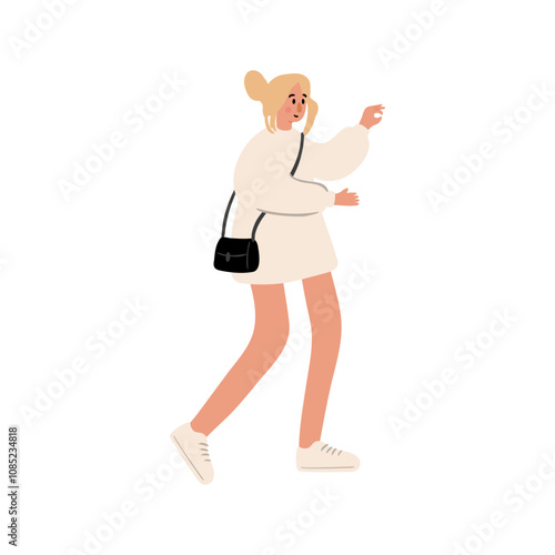 Cute vector illustration of woman, diverse character in everyday urban scenes. People walking dogs, using wheelchair, pushing stroller. Couples, families, individuals of various ages and ethnicities.